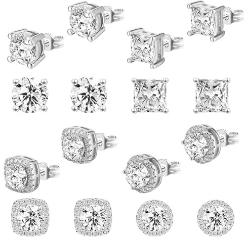 Mabor 4 Pairs Silver Stud Earrings for Women Mens, Square Stud Hoop Earrings Anti-sensitive Post Square CZ Studs Set Gifts