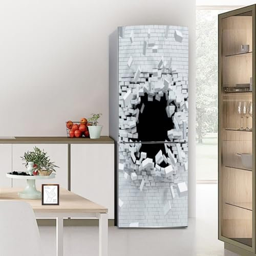 Fridge Wraps Kitchen Fridge Covers - Full Door Covering Decor, Freezer Skins Wall Stickers for Kitchen Decal, 3D White Brick & Black Hole