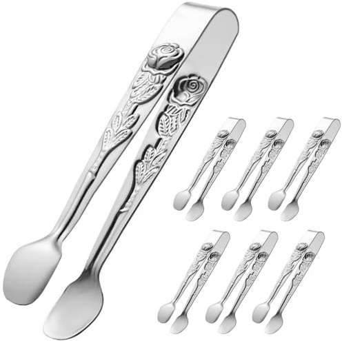 HINMAY 6PCS Mini Serving Tongs 5-Inch Small Sugar Tongs, Tiny Stainless Steel Kitchen Tong for Appetizers, Tea Party, Coffee Bar, Desserts (Silver)
