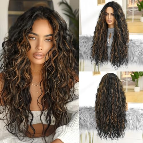 OUFEI Negra Larga con Mechas Marrones Pelucas Onduladas para Mujeres Negras Pelo Sintético Natural Resistente al Calor Pelucas para Fiesta Diaria Cosplay Wear