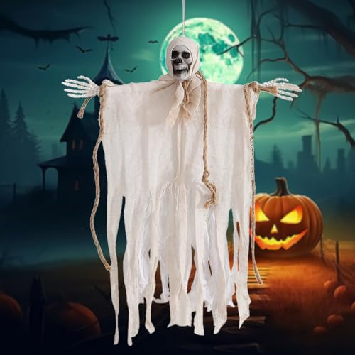 XPOOP Hängande läskiga skelett, Halloween skelettdekoration, Halloween dekoration läskig, vit Halloween spökdekoration, skräckdekoration Halloween dekoration utomhus