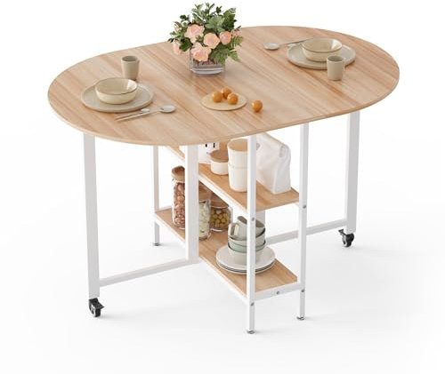 Mondeer Mobile Folding Dining Table, Drop Leaf Table with 2 Open Storage Shelves, Round Edged Design, Small Spaces Dining Room Kitchen, 120 x 80 x 75 cm, Oak and White