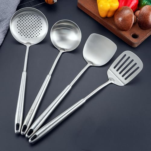 304 Edelstahl Edelstahl Küchenutensilien-Set, 4-teiliges Kochutensilien,Spatel,Suppenkellen,Siebe und Pfannenwender,Spülmaschinengeeignet.（Spitzer Griff）