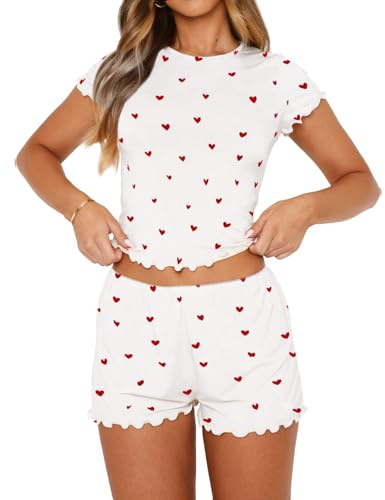 BONITEE Womens PJs Cute Summer Clothes 2 Piece Sets Casual Y2k Tops Shorts Pyjamas Two Piece Set 2026 Trendy Outfits White-Red Heart,L