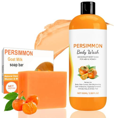 Persimmon Goat Milk Soap - Persimmon Body Wash – Natural Deodorant Shower Gel & Cleansing Bar for Body Odor Control – Refreshing Skincare Bath Gift for Women & Men, Moisturising Self Care Kit
