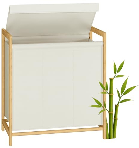 SONGMICS Panier à Linge 3 Compartiments, Corbeille à Linge Sale, Structure en Bambou, Couvercle Renforcé et Amovible, Sac Amovible, 150 L, Blanc Crème RLH103WD01