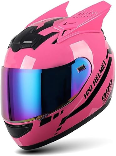 Kcolic Casque De Moto Intégral À Oreilles De Chat Noir/Rose pour Filles Et Femmes,Homologué Dot/ECE,pour Scooter Et VTT,Casques De Motocross De Course Cool Et Mignons,Cascos Para Motos A,L(57-59 CM)