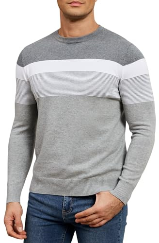 Genfien Herr rundhalsad jumper klassisk höst stickad tröja lätt randig stickad tröja höst 100 % bomull, Grå, L