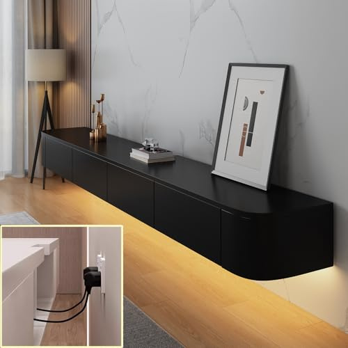 XDXINY TV-mediakonsol flytande TV-skåp väggmonterad TV-skåp flera stora förvaring TV-bänk under TV lågbräda med lådor routerfäste (svart + LED, 260 x 20 x 24 cm)