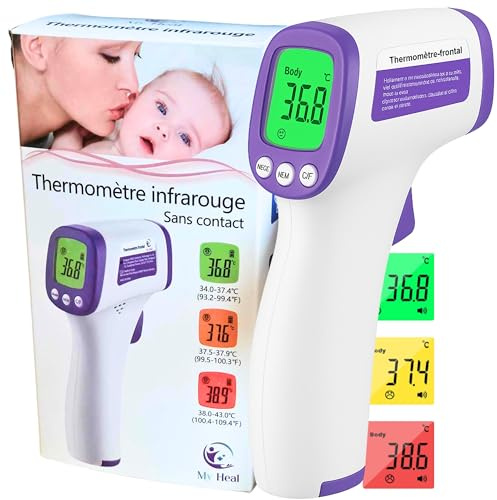 Termómetro frontal sin contacto – Termómetro de bebé y adulto infrarrojo médico profesional, digital, temperatura instantánea 1s, pantalla LCD de 3 colores, alerta de fiebre + pilas verdes incluidas