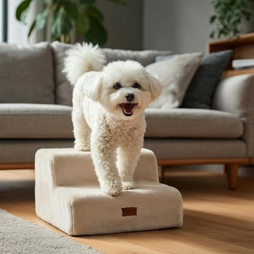 PETNOVO Hundramp 40 x 40 x 30 cm husdjursteg med tvättbart plyschskydd, mjuk robust hundtrappa, 2-stegs halkfria hundtrappor för bäddsoffa, beige