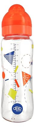 dBb Remond - Biberon en Verre Large Ouverture - Tétine 2ème Âge Silicone Anti-Coliques - Débit Adapté à la Succion du Bébé - Décor Géométrique - Fabrication Française - Orange - 330 ml