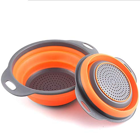 Collapsible Colander Set,Silicone Folding Strainers and Colanders with Plastic Handle(S+L) (Orange)