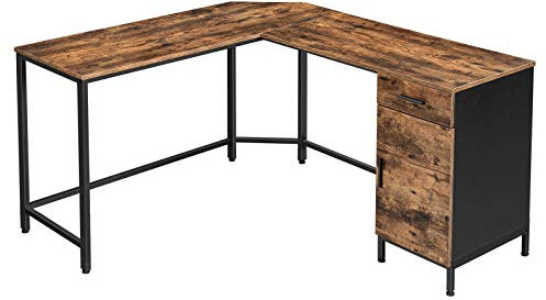 VASAGLE Scrivania ad Angolo a Forma di L, per Computer, Tavolo da Ufficio con Ripiano e Cassetto, Studio, Salvaspazio, Montaggio Facile, Acciaio, Design Industriale, Marrone Vintage e Nero LWD74X