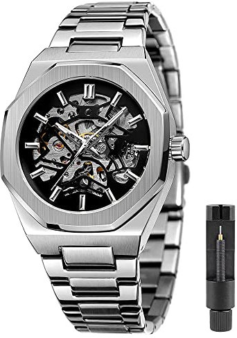 Tiong Herren-Armbanduhr, luxuriöses Skelett, mechanisch, Edelstahl, wasserdicht, schwarz, automatische Automatikaufzug, Armbanduhren für Herren, W1005-Silber Schwarz, Mechanisch