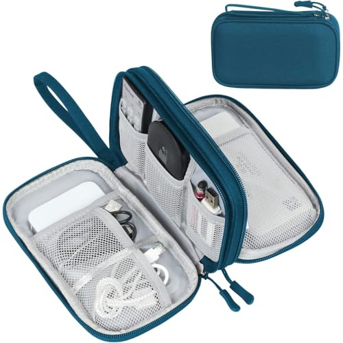 FYY Travel Cable Organiser, Electronics Accessories Bag, Waterproof Tech Storage Pouch, 2-Layer Universal Carry Case for Charger, Power Bank, USB Drive S-Dark Green