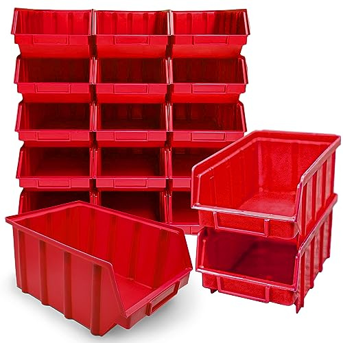HMH 15x Stapelboxen Rot Größe 4 Werkstatt Garage Keller rote Sichtlagerboxen (LxBxH) 340x222x157mm Lagerboxen Sichtlagerkästen Kleinteile Aufbewahrung