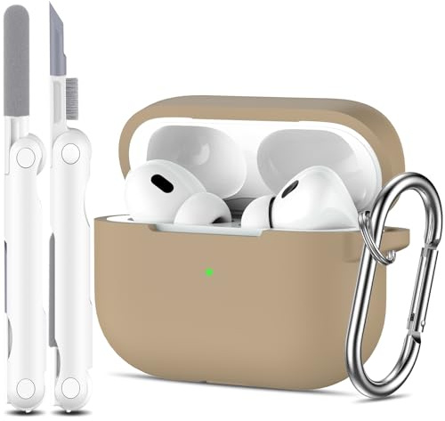 R-fun Kompatibel mit AirPods Pro 2 Hülle mit Reinigungsset, Vollschutzsilikon für Apple AirPods Pro 2023/2022/2019 Ladecase[LED anteriore visibile], Milchtee