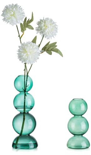 Glasseam Round Bubble Vase for Flowers, Small Green Vase Set of 2, Blown Glass Vases for Decor, Cute Unique Bud Vase, Aesthetic Single Flower Vase, Hydroponic Plant Vase for Dining Table Decorations