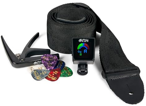 Martin Starter Pack – Guitar Accessories Bundle | Capo, Clip-On Tuner, Pickholder Strap, and Multi-Color Pick Set | Essential Starter Kit for Guitar Players