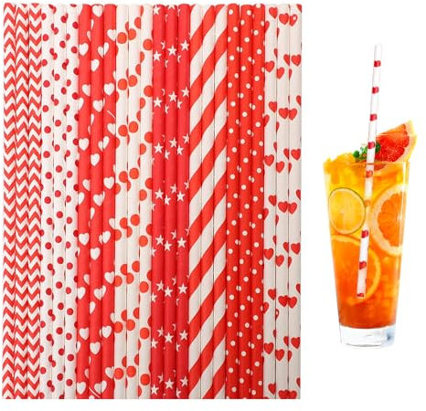 Lot de 140 pailles en papier pour la Saint Valentin, 8 rayures rouges et blanches différentes, pois, vagues, étoiles, en forme de cœur, pailles jetables pour la Saint-Valentin, la décoration de fête