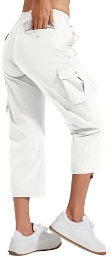 Pioneer Camp Pantaloni Capri da donna estivi a 3/4, leggeri, da trekking, casual, con elastico in vita, per attività all'aperto, con 6 tasche, bianco, M