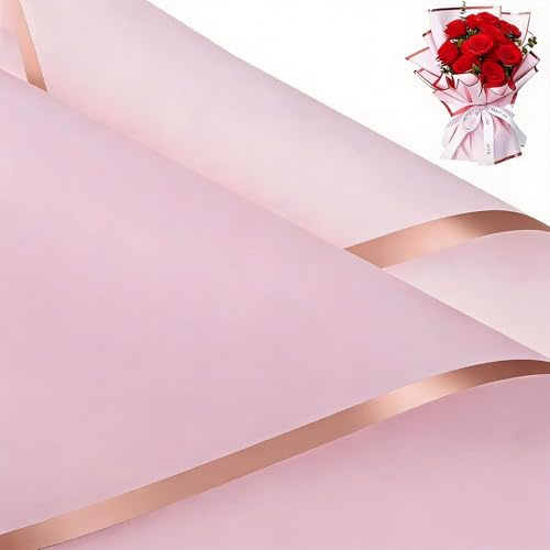 20 Hojas de Papel de Regalo para Ramos de Flores, Material Impermeable para Presentaciones y Manualidades, Hojas de Embalaje Decorativo (Rosa, Borde de Oro Rosa) (Rosa，Borde de Oro Rosa)