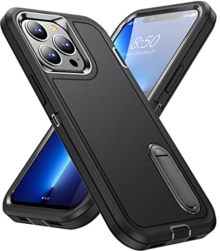 Pritify 3-Layer Armour Case for Iphone 13 Pro Max with Heavy Duty Kickstand & Raised Camera Guard, Rugged Tough Back Case, Shockproof Military Grade Protective Back Cover | Black