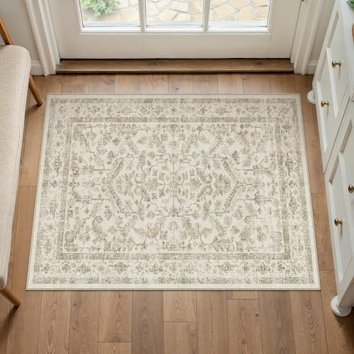 PureCozy Vintage Felpudo Entrada Casa Alfombra 60x90cm Beige Habitacion Lavables en Lavadora Antideslizante Alfombras Pie de Cama Cocina Pequeña Carpet Pelo Corto Rug