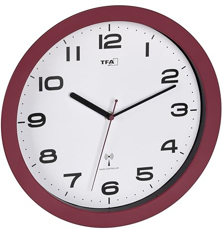 TFA Dostmann Orologio da parete radiocontrollato senza ticchettio, 60.3554, moderno, 32 cm, orologio radiocontrollato, di facile lettura, ideale per il soggiorno, la cucina o la camera da letto, rosso