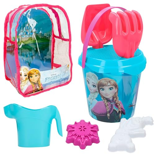 ColorBaby 48205 - Disney Frozen Set cubo da Spiaggia con Pala, rastrello, annaffiatoio e Accessori, Zaino da Spiaggia per Bambini, Set Spiaggia per Bambini, Zaino con Giocattoli da Spiaggia