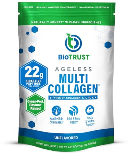 BioTrust Ageless Multi Collagen Peptides Powder - 5 Types (I, II, III, V, X) - Unflavored Collagen Powder for Women & Men - Hydrolyzed Protein - Grass Fed Beef, Fish, Chicken, Eggshell Membrane