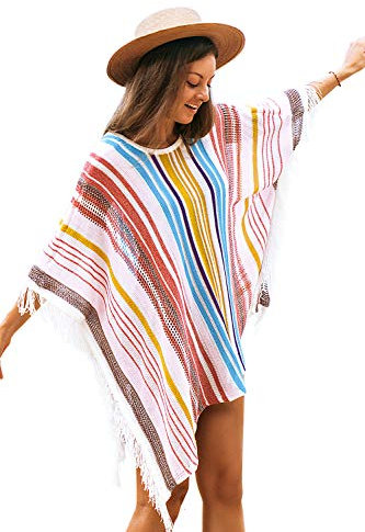 CUPSHE Damen Bikini Cover Up Strandkleid V Ausschnitt Fransen Lochmuster Streifen Strandponcho Sommer Beach Mini Dress