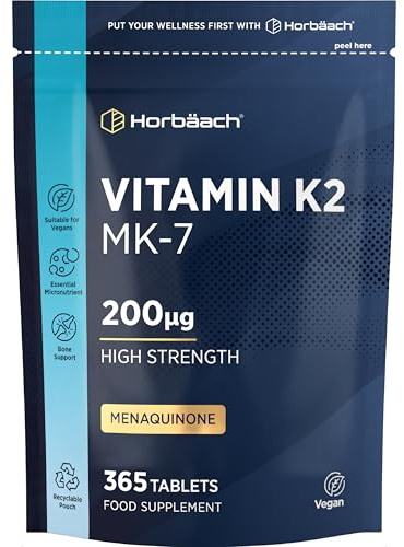 Vitamin K2 MK7 200ug | 365 High Strength Tablets | Menaquinone MK-7 | Suitable for Vegetarians and Vegans | by Horbaach