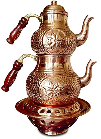 Copper Stovetop Teapot Set with Teapot Warmer, Tea Kettle for Stovetop, Authentic Style Honeycomb Pattern, Samovar, Kettle with Two Spare Wooden Handles