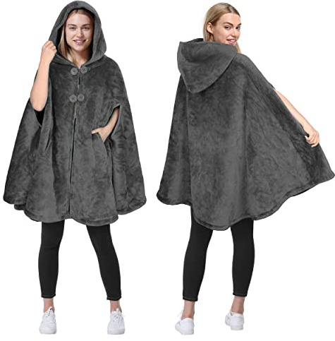 Catalonia Classy Fleece Cape Coat for Women, Super Soft Warm Hood Poncho, Wheelchair Blanket Winter Warm Shawls, Sherpa Fleece Cloak Coat with Buttons, Grey