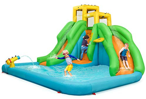 COSTWAY Hüpfburg, Wasserpark mit Zwei Rutschen, Kletterwand, Basketballkorb, Planschbecken und Wasserkanone, inkl. Tragetasche, Reparaturset, Heringe, 400 x 361 x 255 cm (Ohne Gebläse)