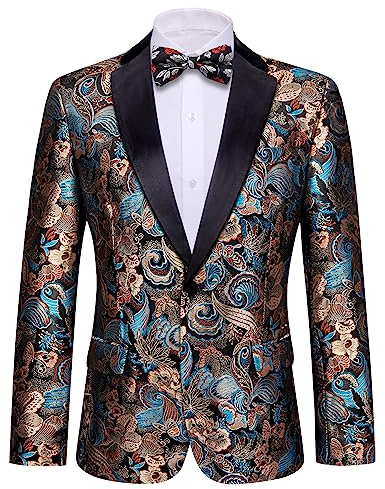 Barry.Wang Men's Tuxedo Blazer Luxury Paisley Embroidery Casual Jacket Lapel One Button Wedding Business Coat Black S-3XL