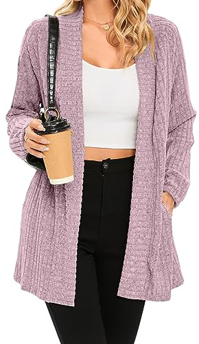 iChunhua Women's Casual Oversized Raglan Sleeve Ribbed Lightweight Long Open Front Cardigans Sweater Tops with Pockets