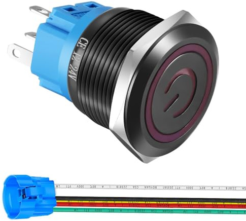 Gebildet Interrupteur à Bouton-Poussoir à Verrouillage en Acier Inoxydable 22mm 12V-24V/5A Symbole D'alimentation 1NO1NC SPDT Interrupteur à Bascule Etanche avec Prise de Fil (LED rouge/Coque Noire)