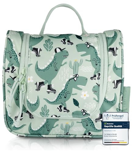 TA Trend Atelier Trousse de Toilette Enfant à Suspendre – Trousse de Toilette et Vanity Enfant Durable en Polyester recyclé, déperlante, avec Miroir et Compartiments (Dinosaure Vert)