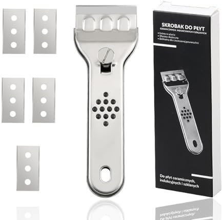 ieron Rascador de vitrocerámica, raspador de vidrio de limpieza de acero inoxidable con 20 cuchillas de repuesto, raspadores de limpieza multifuncionales para cocina
