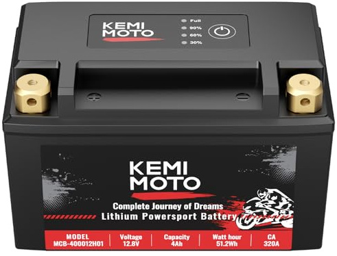 KEMIMOTO Lithium Motorcycle Battery YTX9-BS/YTX7A-BS, LiFePO4 12v Lithium Battery 4Ah, Pre-Charged Powersports Battery, with 3 Universal-Fit EVA Spacers, Compatible with Motorcycle ATV UTV Jet Ski
