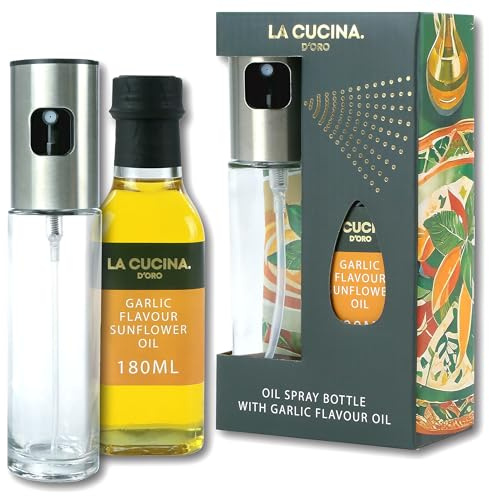 La Cucina D’Oro Oil Sprayer for Cooking & Air Fryer - 90ml Refillable Glass Oil Mister with Stainless Steel Pump + 180ml Garlic Sunflower Oil - Kitchen Gift Set for Roasting, Salad, BBQ & Baking