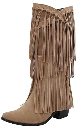 HSyc JRX Botas de vaquero para mujer con flecos, tacón cuadrado, tacones altos, botas occidentales, media caña, beige, 39.5 EU