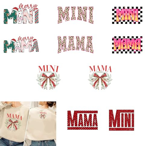 10pcs Mama-MINI Merry Christmas Dtf Transfers Ready to Press Bow Iron on Stickers Heat Transfer Decal Patches Vinyl for Backpack DIY Craft (Mother's Day DIY Decorations for Mother Daugther Family