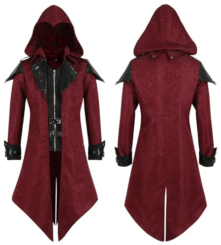 rumnigh Costume Steampunk da Uomo, Giacca Medievale Steampunk Gotica, Costume Vintage Vittoriano per Halloween, Carnevale e Fasching (Rosso, 3XL)