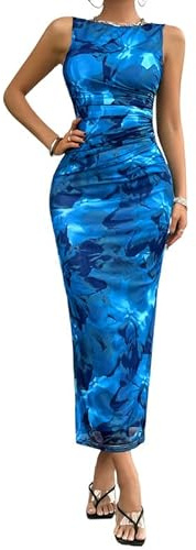 Sukiglam Damklänning sexig batiktryck långärmade klänningar rundhalsad bodyconklänning elegant veckad maxi klänningar delad fest cocktail bal klubbkläder