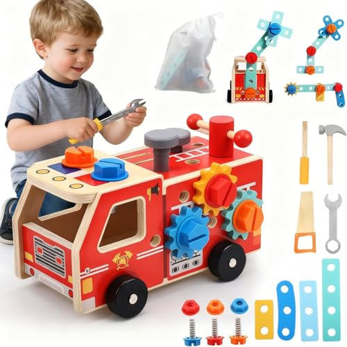 Attrezzo per bambini, carrello degli attrezzi, per bambini, Montessori, cassetta degli attrezzi per bambini, camion dei vigili del fuoco, giocattolo in legno, giocattolo a partire dai 2 3 4 anni