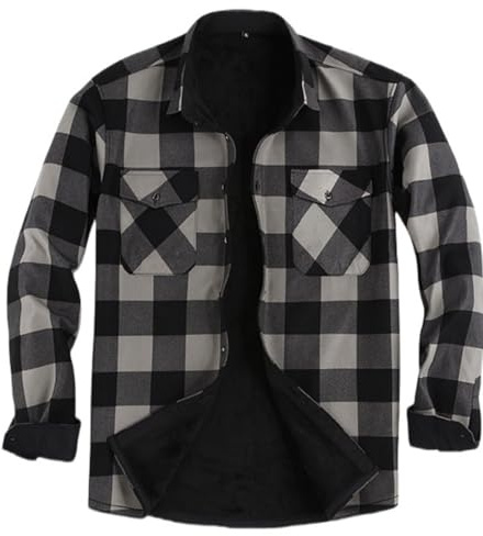 Miaikvs Men's Thicken Plaid Shirt Warm Sherpa Lined Fleece Long Sleeve Casual Plaid Flannel Shirt Jacket with Pocket(Black Gray,L)